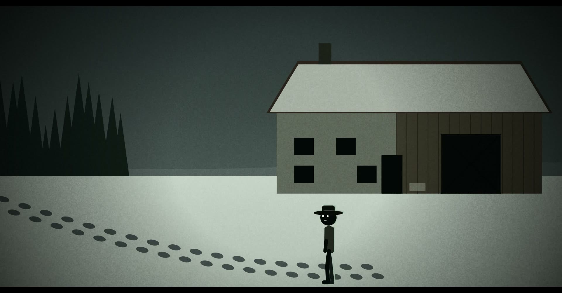 An animated farmhouse in the snow, with footprints leading from the forest to the door.